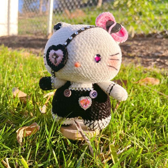 Hello Kitty Black Pink Style Crochet Doll | Handmade Gothic Hello Kitty - Picture 1 of 11